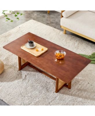 Streamdale Chinese Style Rectangle Rattan Coffee Table, Walnut Color