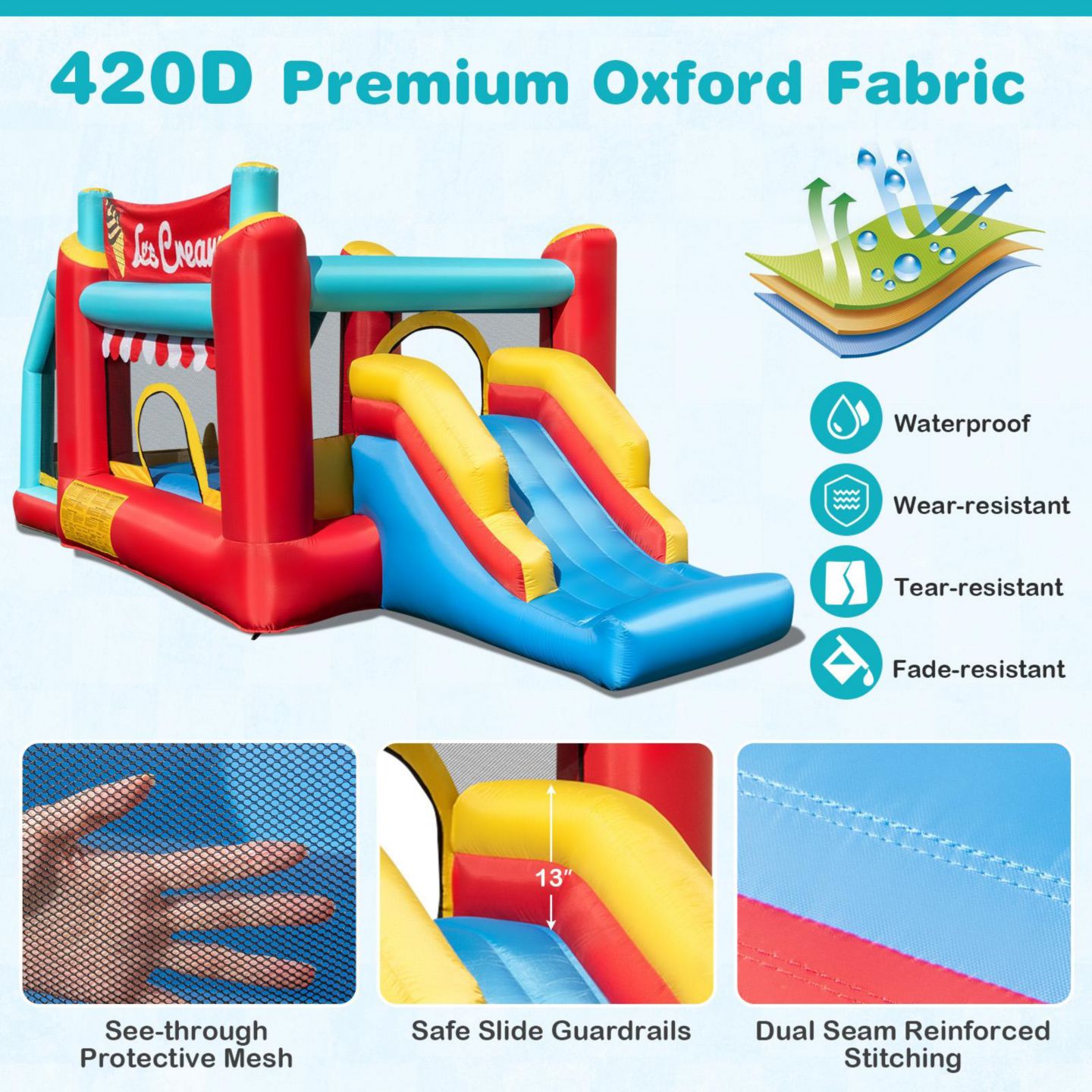 Детская игрушка GOUUN 5-in-1 Ice Cream 187"L x 88"W x 79"H Inflatable Bounce House, Up to 2 Players, Ages 3+, цвет: Синий — фото 8