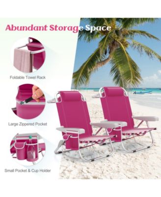 Foldable Backpack Beach Chair with Cup Holder and Storage Pockets Set of 2-Pink
