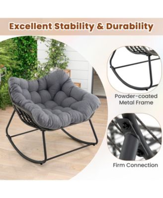 Outdoor Rocking Chair Oversized Patio PE Wicker Egg Chair with Cushion-Gray