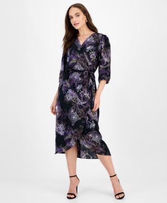 Connected - Women's 3/4-Sleeve Faux-Wrap Midi Dress