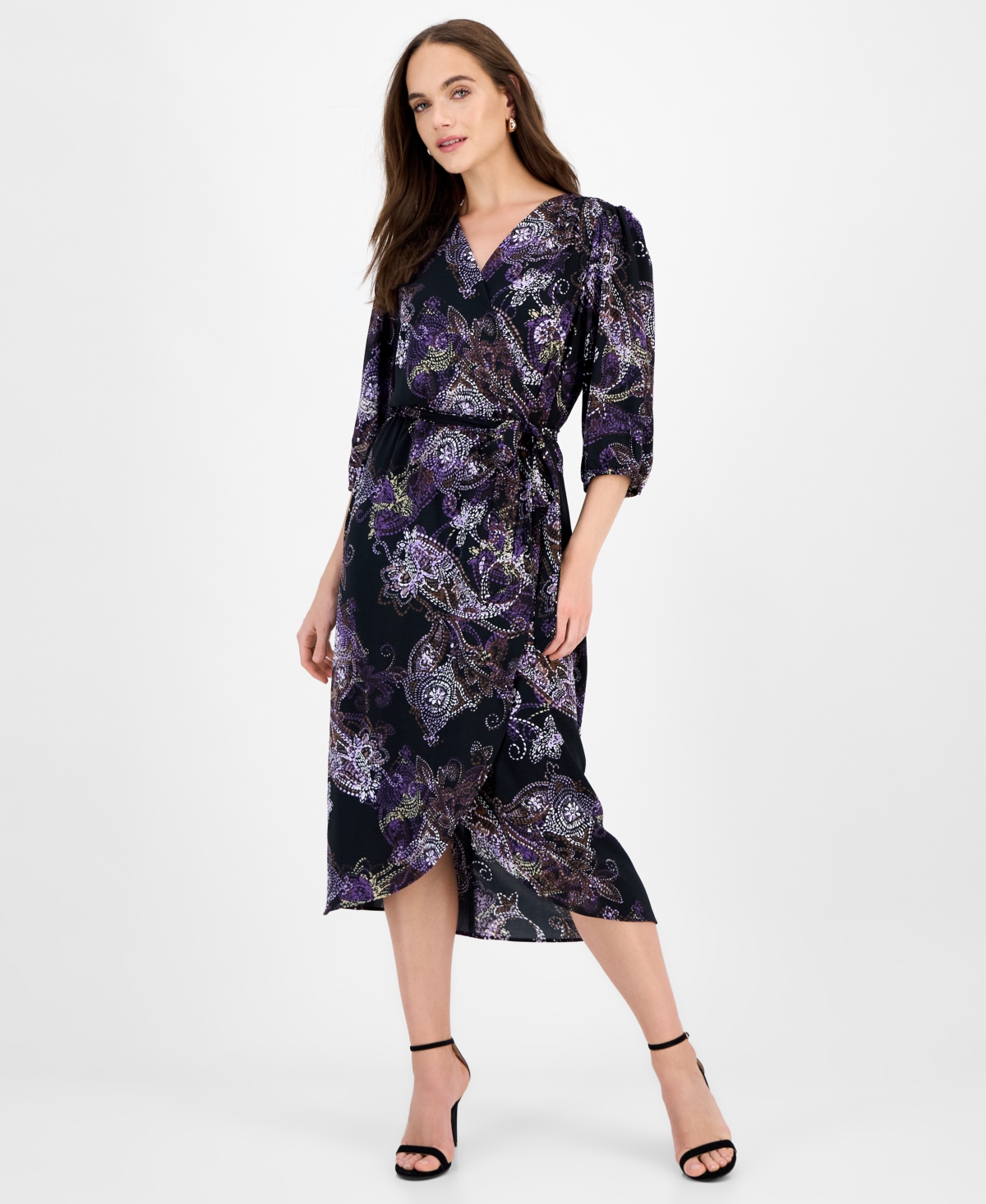 Women's 3/4-Sleeve Faux-Wrap Midi Dress - Plum Purple
