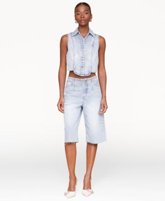 Women's Sleeveless Tuxedo Cotton Denim Shirt