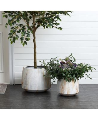 2-Piece Marble White with Brown Ribbons Texture MgO Planter Set, Indoor and Outdoor