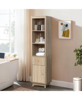 Natural Finish Wave-Patterned Manufactured Wood 1-Drawer 1-Door Bathroom Tower Cabinet