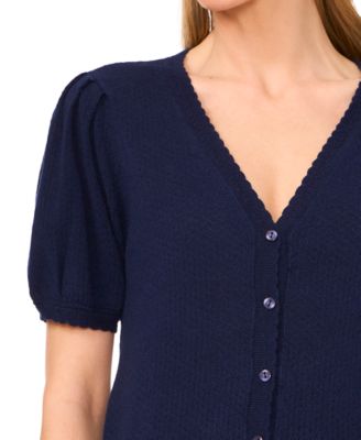 Women's Pointelle-Stitch Short-Sleeve V-Neck Cardigan