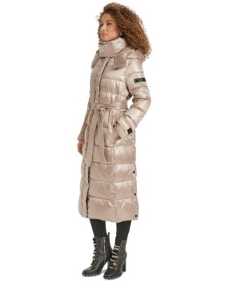 Karl Lagerfeld Womens Shine Hooded Belted Puffer Coat