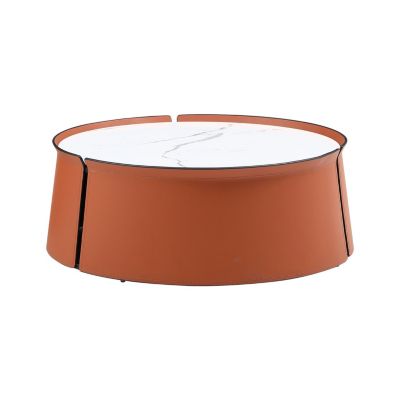 Streamdale 31.5" Coffee Table, Marble Top+Orange Saddle Leather Body+Iron Frame