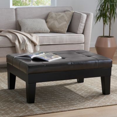 Elegant Storage Ottoman Brown Leather, Slide-Out Drawer, Hardwood Legs