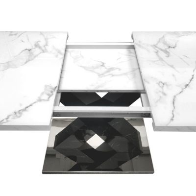 Modern Square Dining Table with Stretchable Design, Printed Marble Top and MDF X-Shape Legs with Metal Base
