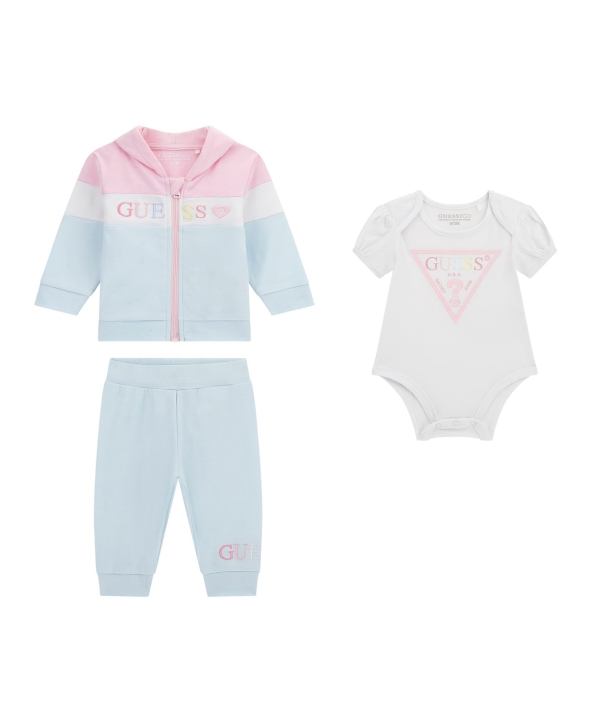 Macy's Guess Baby Girls 3-piece Long Sleeve Zip-up Colorblocked Sweatshirt, Short Sleeve Bodysuit, And Pant In Blue