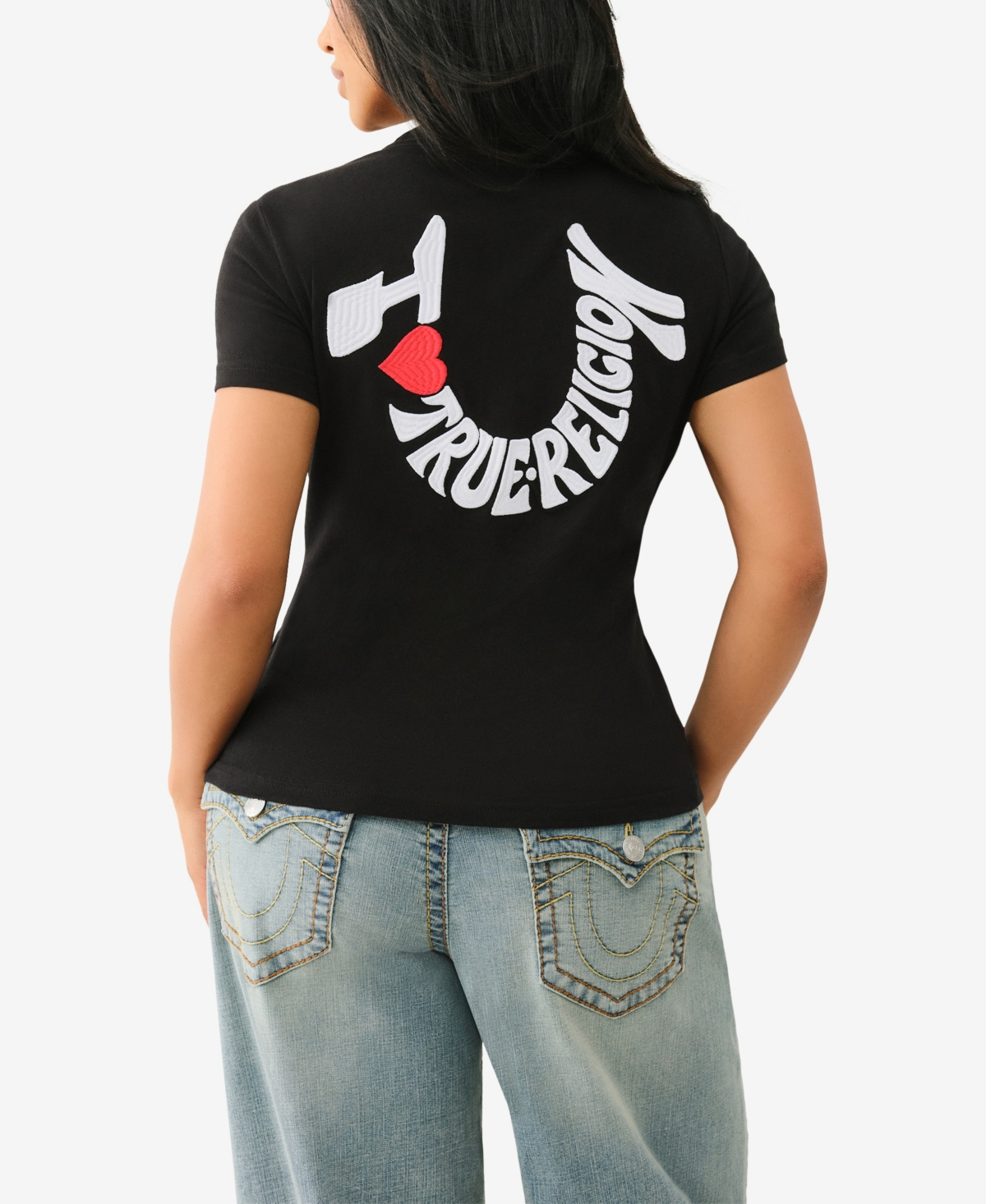 TRUE RELIGION WOMEN'S SS EMBROIDERED HORSESHOE CREW NECK T-SHIRT 