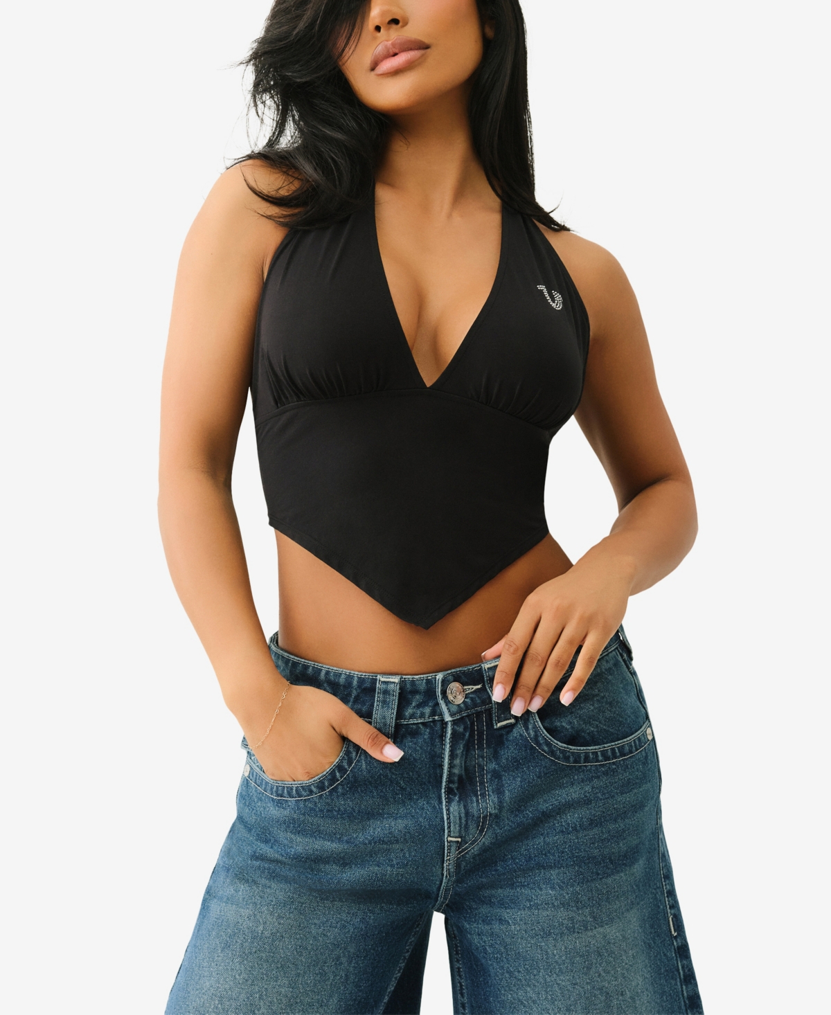 TRUE RELIGION WOMEN'S BANDEAU HALTER NECK CROP TOP 