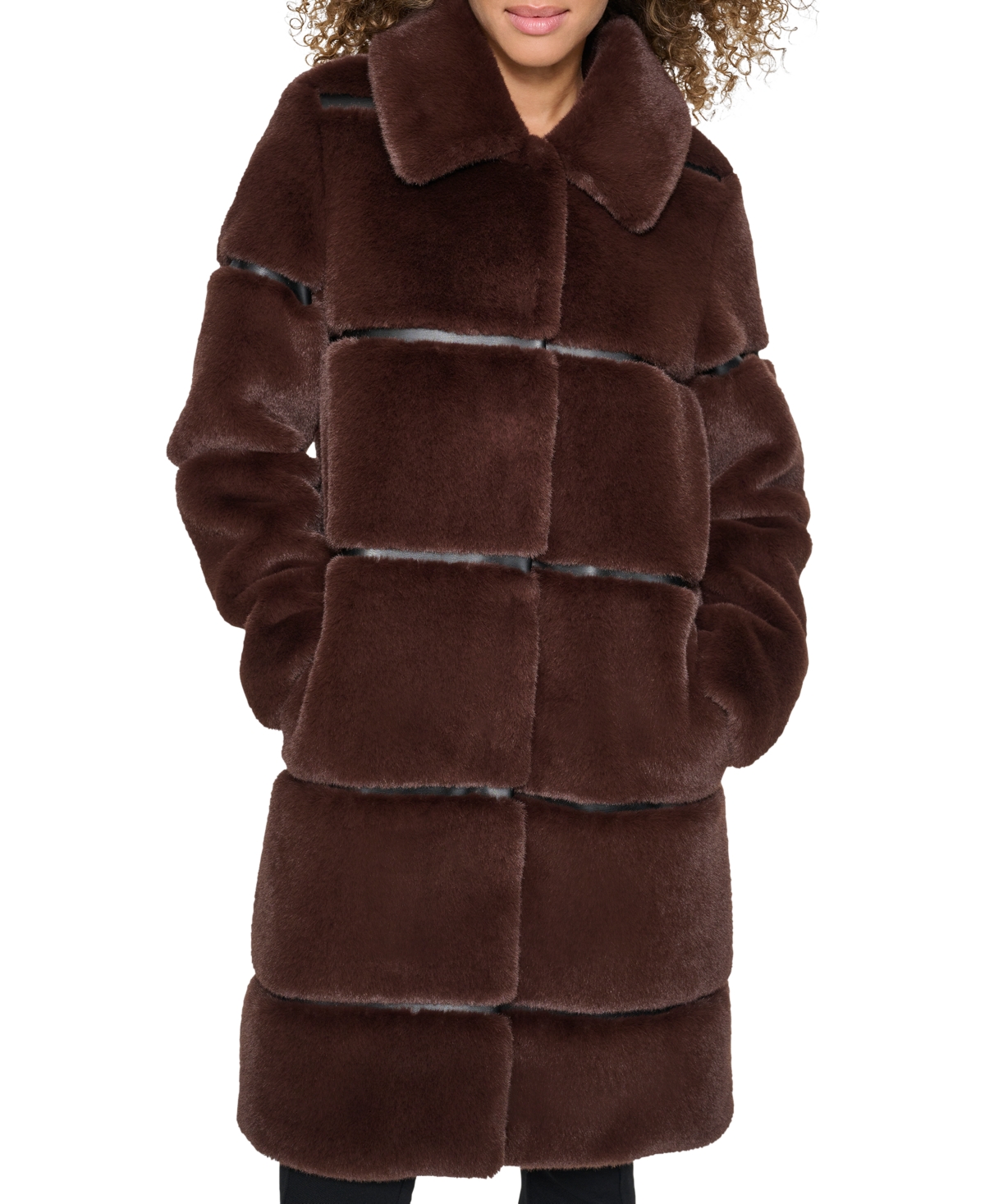 Karl Lagerfeld Womens Faux-leather Trim Faux-fur Coat In Brown