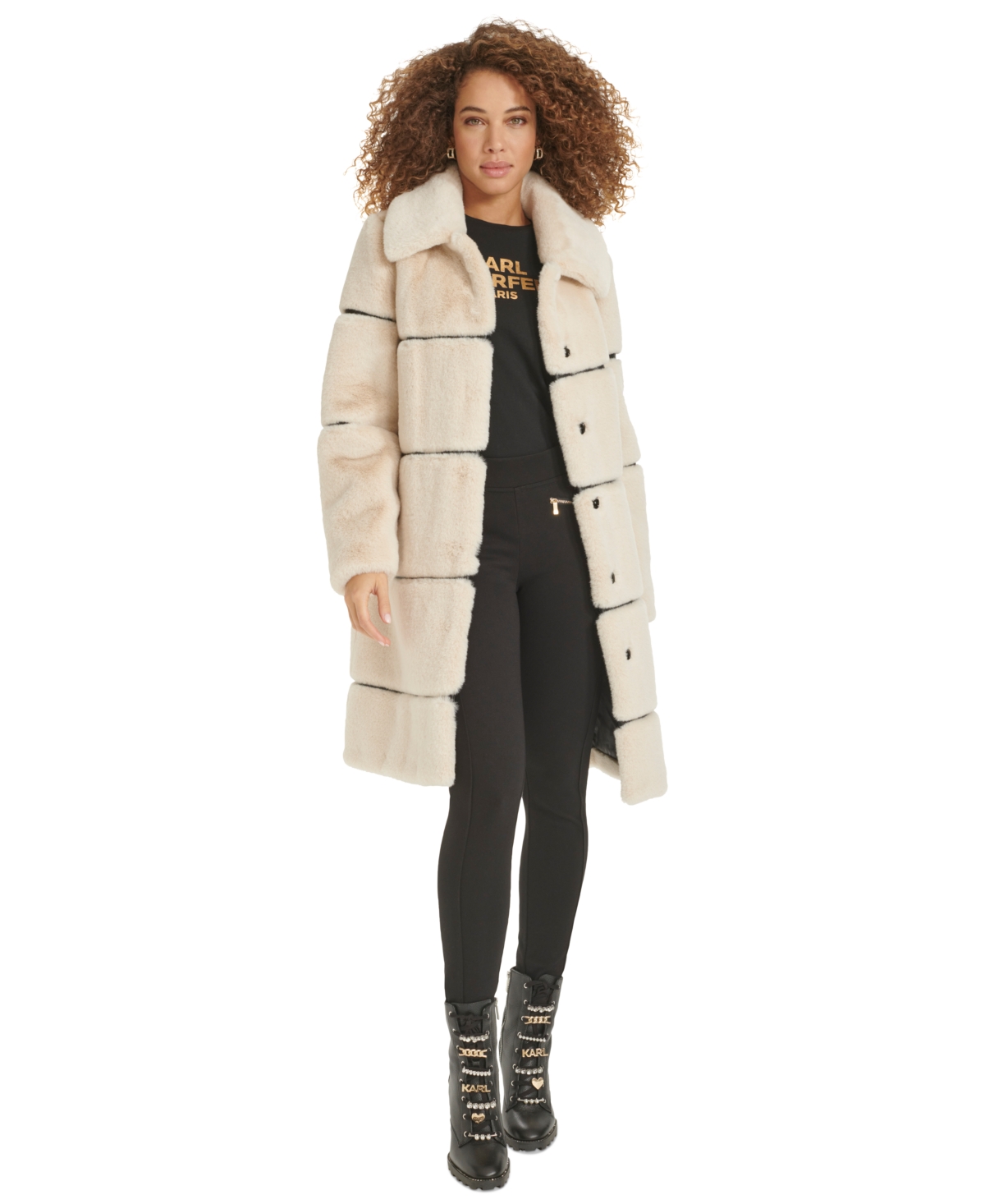 Womens Faux-Leather Trim Faux-Fur Coat - Oyster