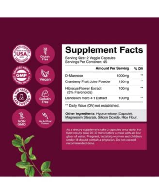 Urinary Tract Support Supplement | High Potency D-Mannose | Cranberry Juice Powder & Dandelion for Urinary Tract Health | 90ct
