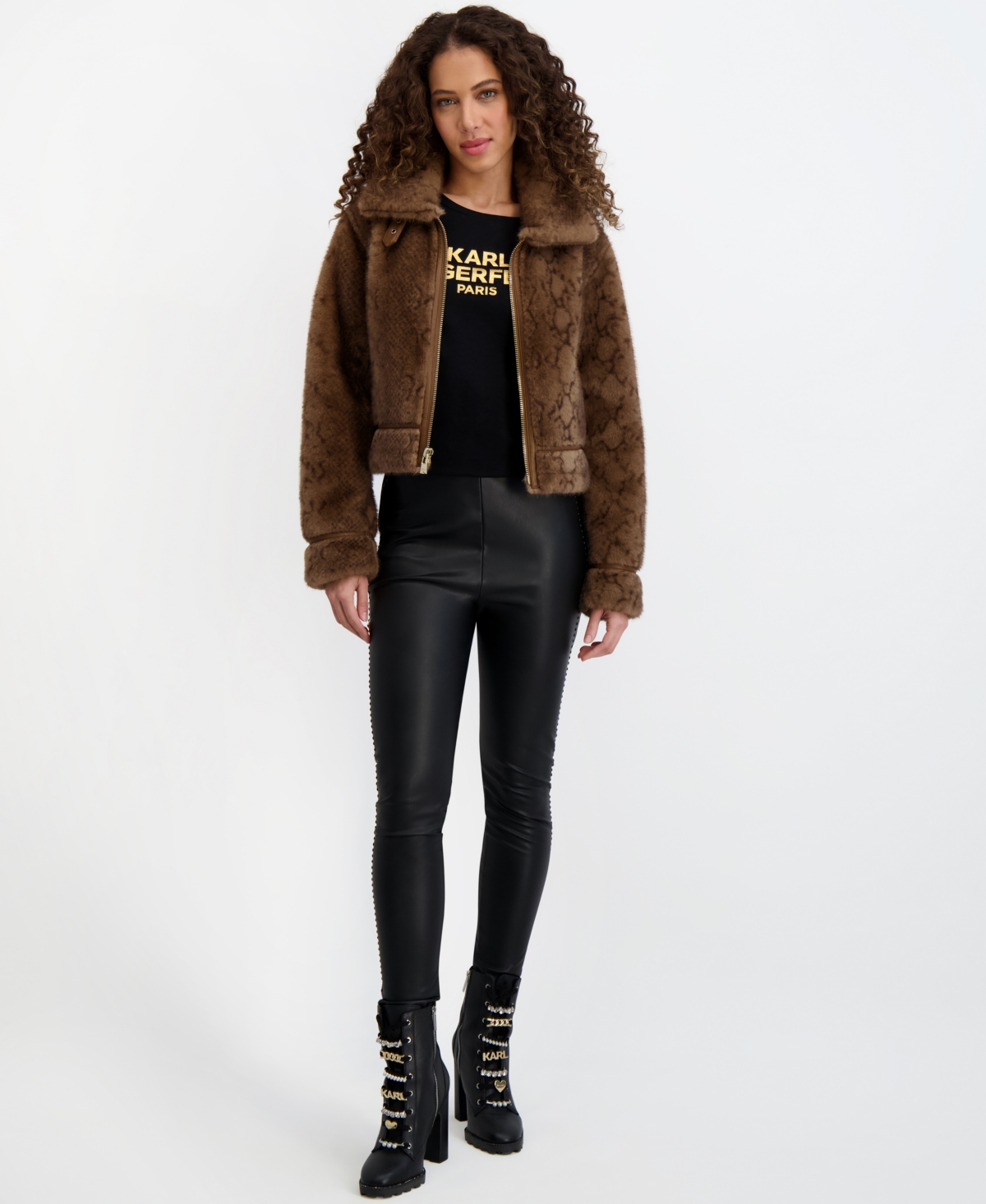 Karl Lagerfeld Python Print Faux Fur Jacket In Brown