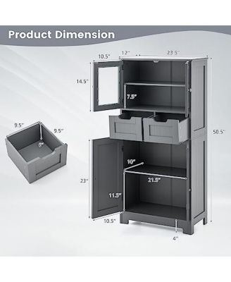 4 Door Freestanding Bathroom Floor Storage Cabinet with 2 Drawers and Glass Doors