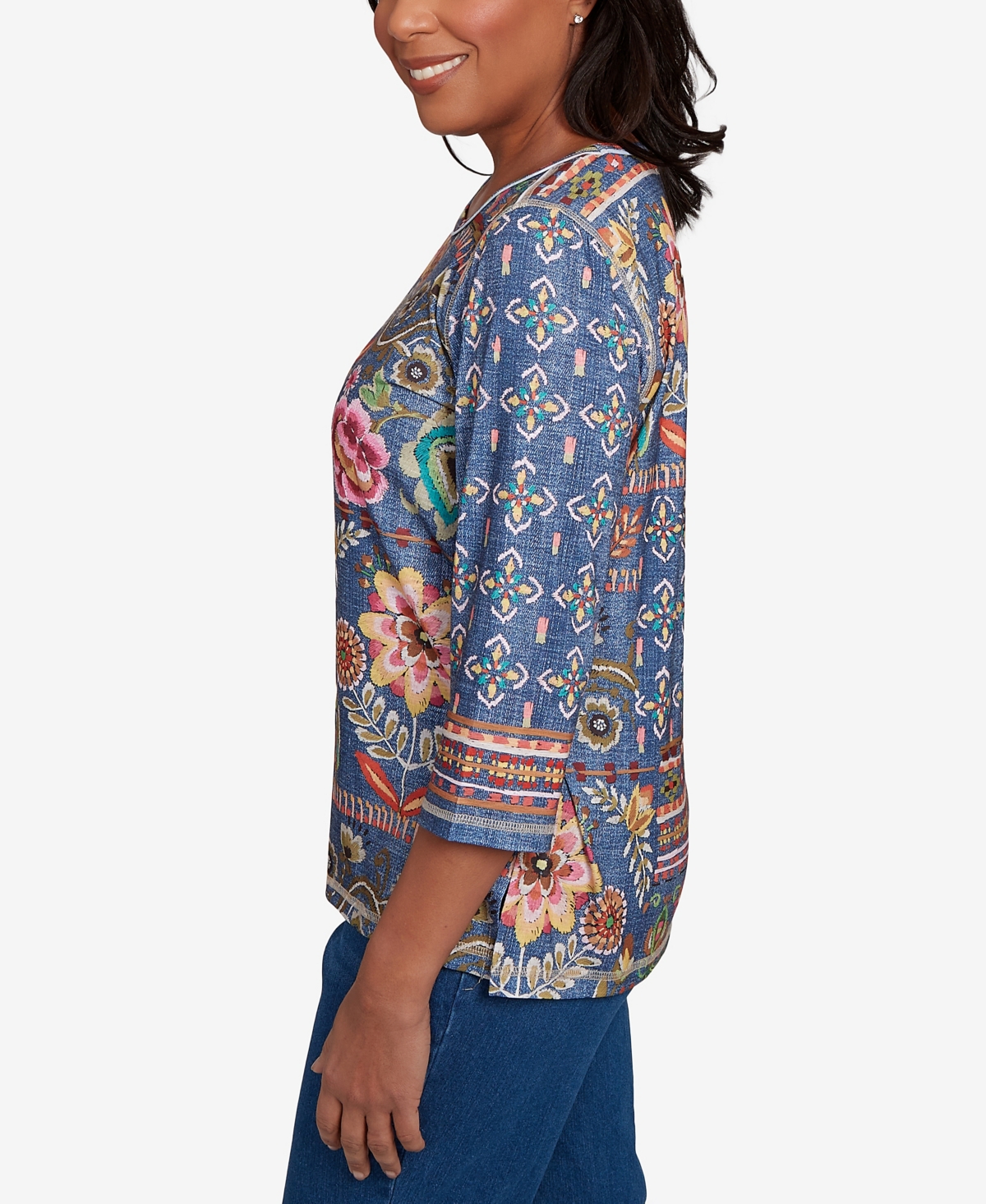 Alfred Dunner Petite El Paso Mixed Pattern Floral Patch Top In Blue