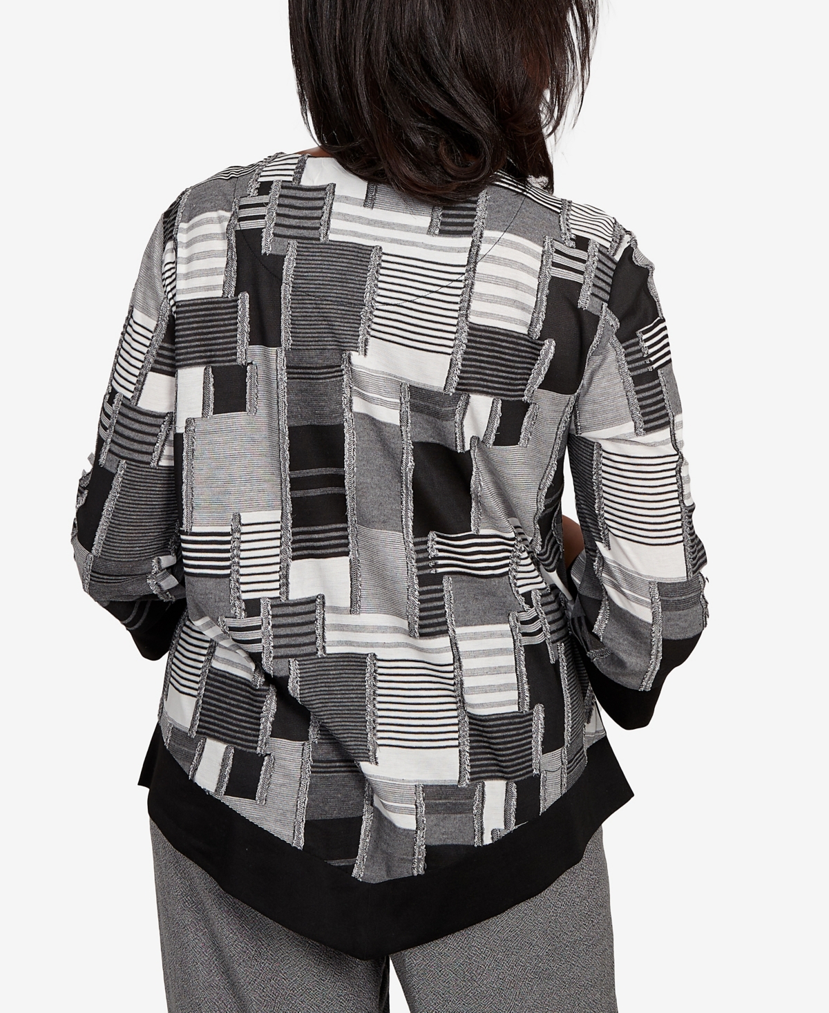 Alfred Dunner Petite Santa Barbara Patchwork Solid Black Trim Top