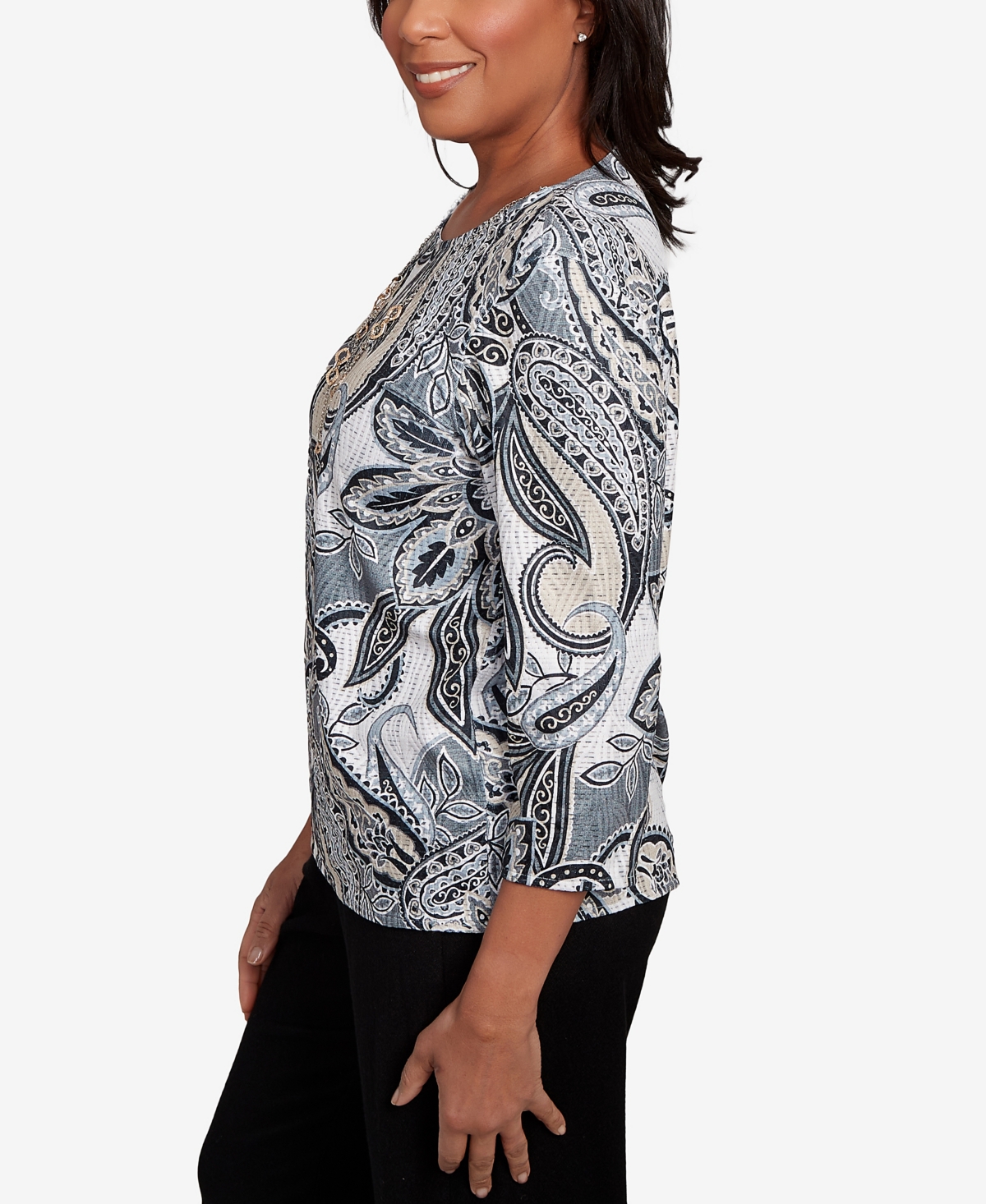 Alfred Dunner Petite Santa Barbara Reversible Paisley Crew Neck Top With Necklace In Multi