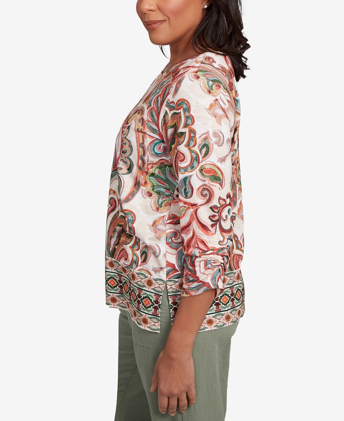 Alfred Dunner Petite Copper Canyon Textured Scroll Border Ruched Sleeves Crew Neck Top In Multi