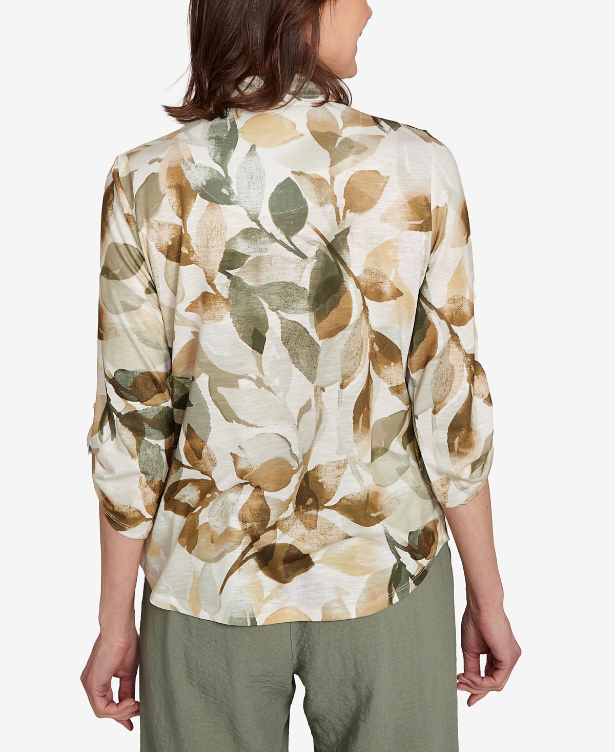 Alfred Dunner Petite Copper Canyon Knit Leaf Button Front Collared Top In Green
