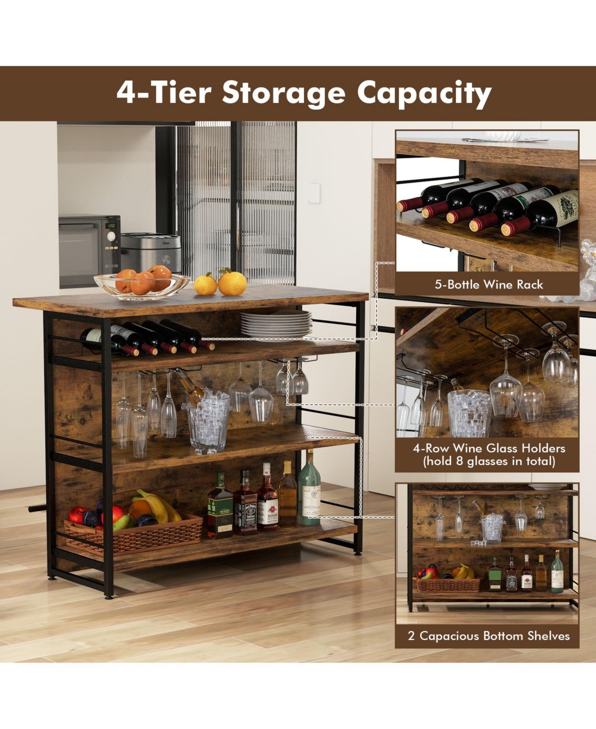 Kitchen Island with 4-Tier Storage Shelf and Long Footrest for Home