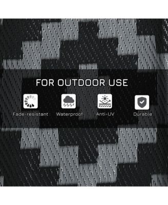 Reversible Outdoor Rug, 9' x 18' Waterproof Plastic Straw Floor Mat, Portable RV Camping Carpet with Carry Bag, Large Floor Mat for Backyard, Deck, Picnic, Beach, Black & Gray Geometric