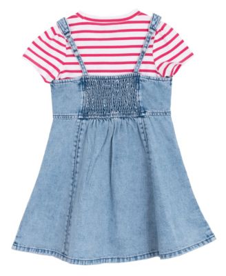Toddler and Little Girls 2-Piece Stripe T-Shirt and Denim Jumper Dress Set