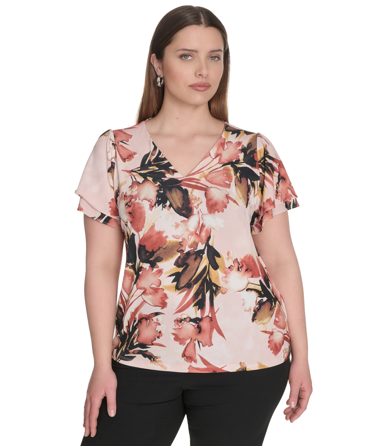 Calvin Klein Plus Size Placed-print Flutter-sleeve Top In Brown