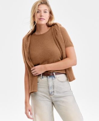 Women's 100% Cashmere Crewneck Short-Sleeve Sweater, Macy's Exclusive