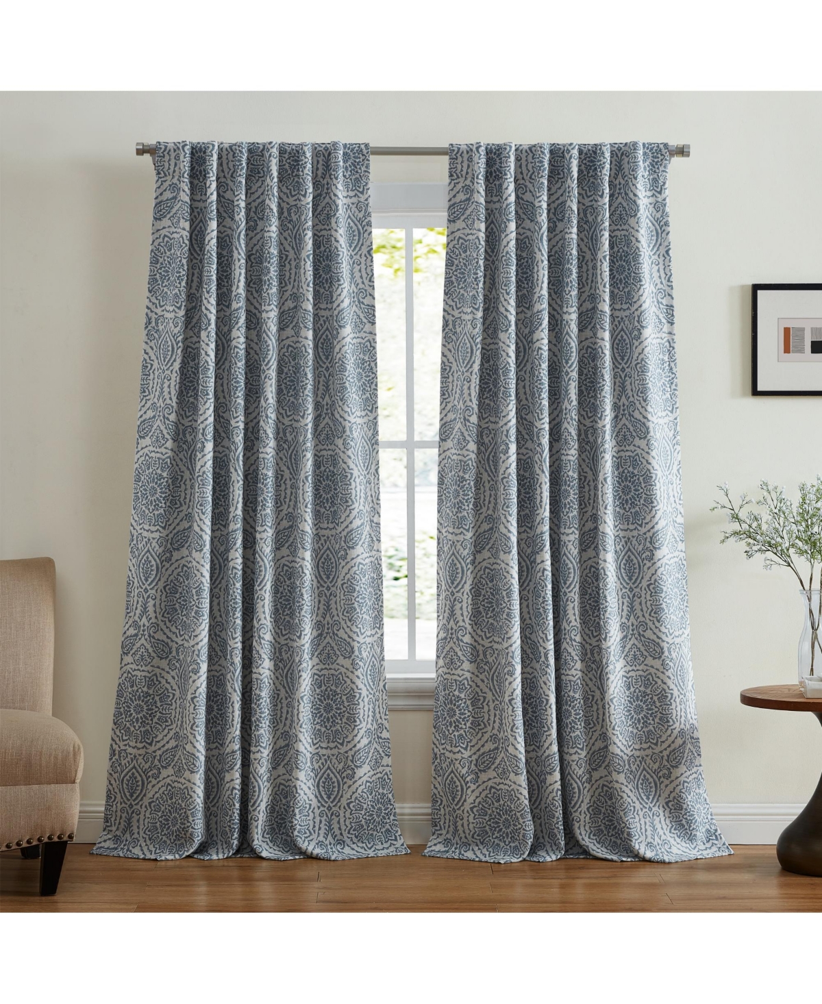 Giovanni Medallion Linen Blend Window Curtain Panel - Blue