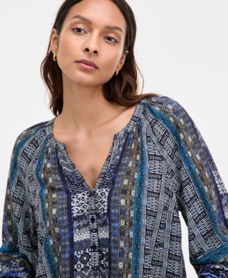 Women's Printed Balloon-Sleeve Button-Front Blouse