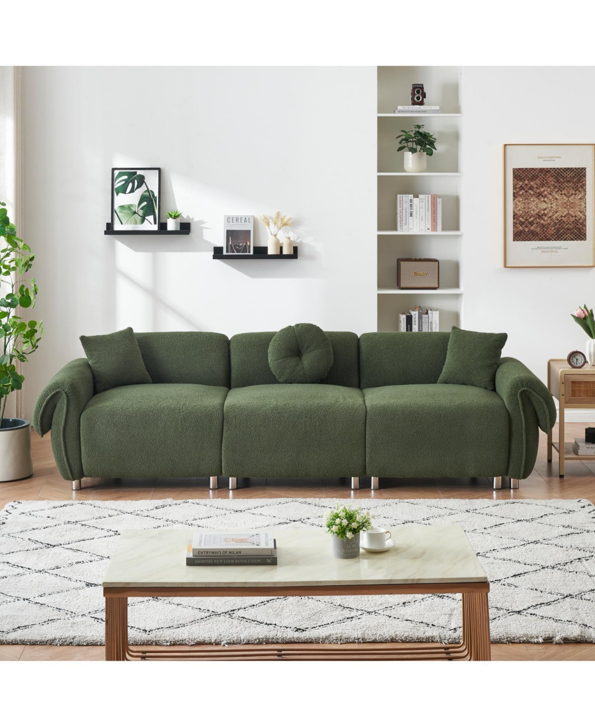 Streamdale Green Teddy Velvet Sofa with 3 Pillows