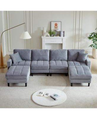 Streamdale 122.5" Oversized U-Shaped Sofa, Corduroy Fabric Sectional with Pillows & Ottomans, Grey