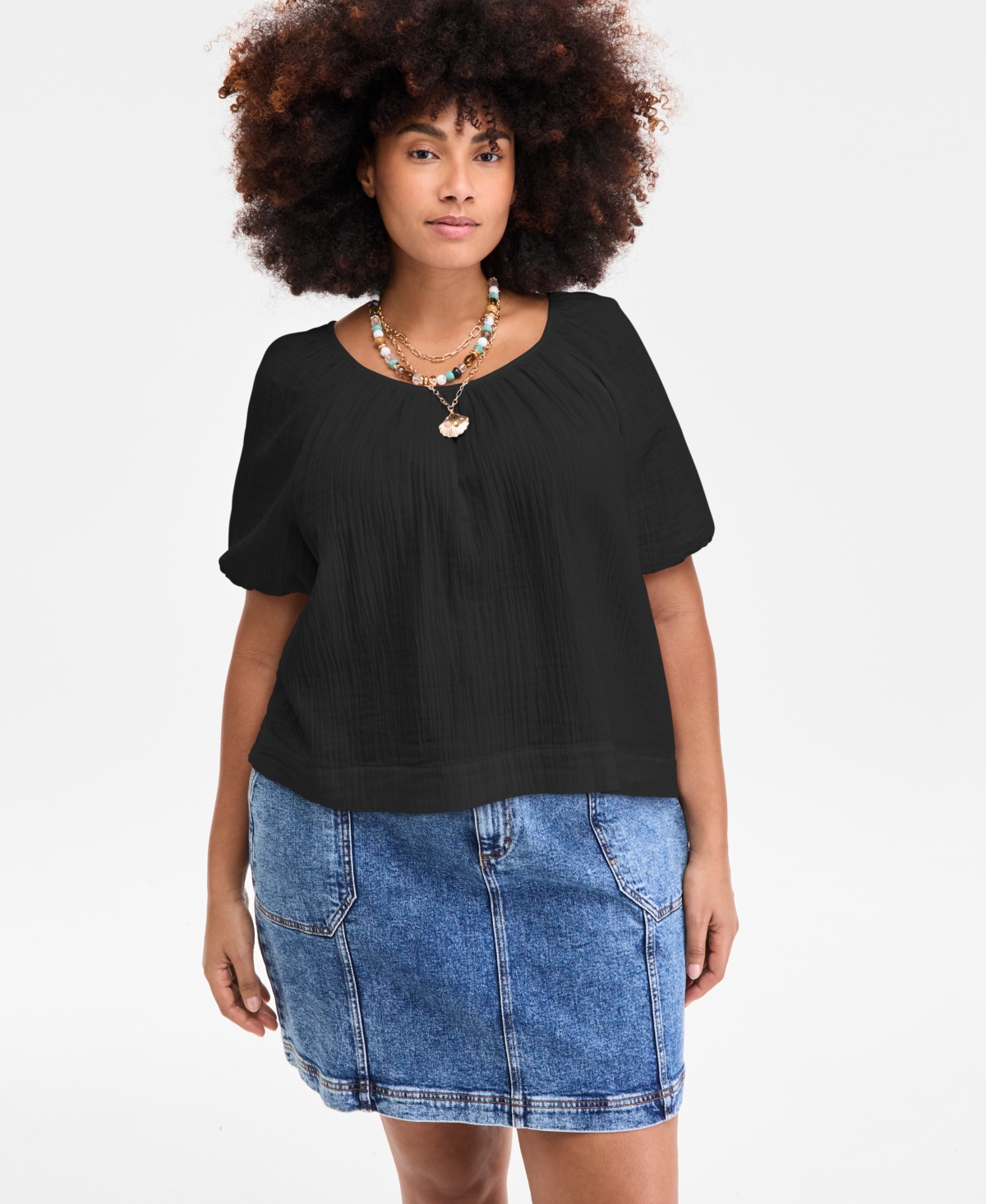 On 34th Plus Size Cotton Gauze Scoop-neck Puff-sleeve Top, Exclusively At Macy's