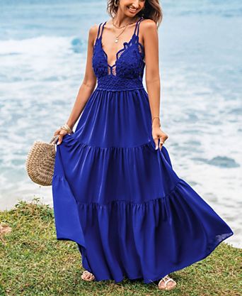 blue long sleeve long dress Long Sleeve Lace Trim Maxi Dress