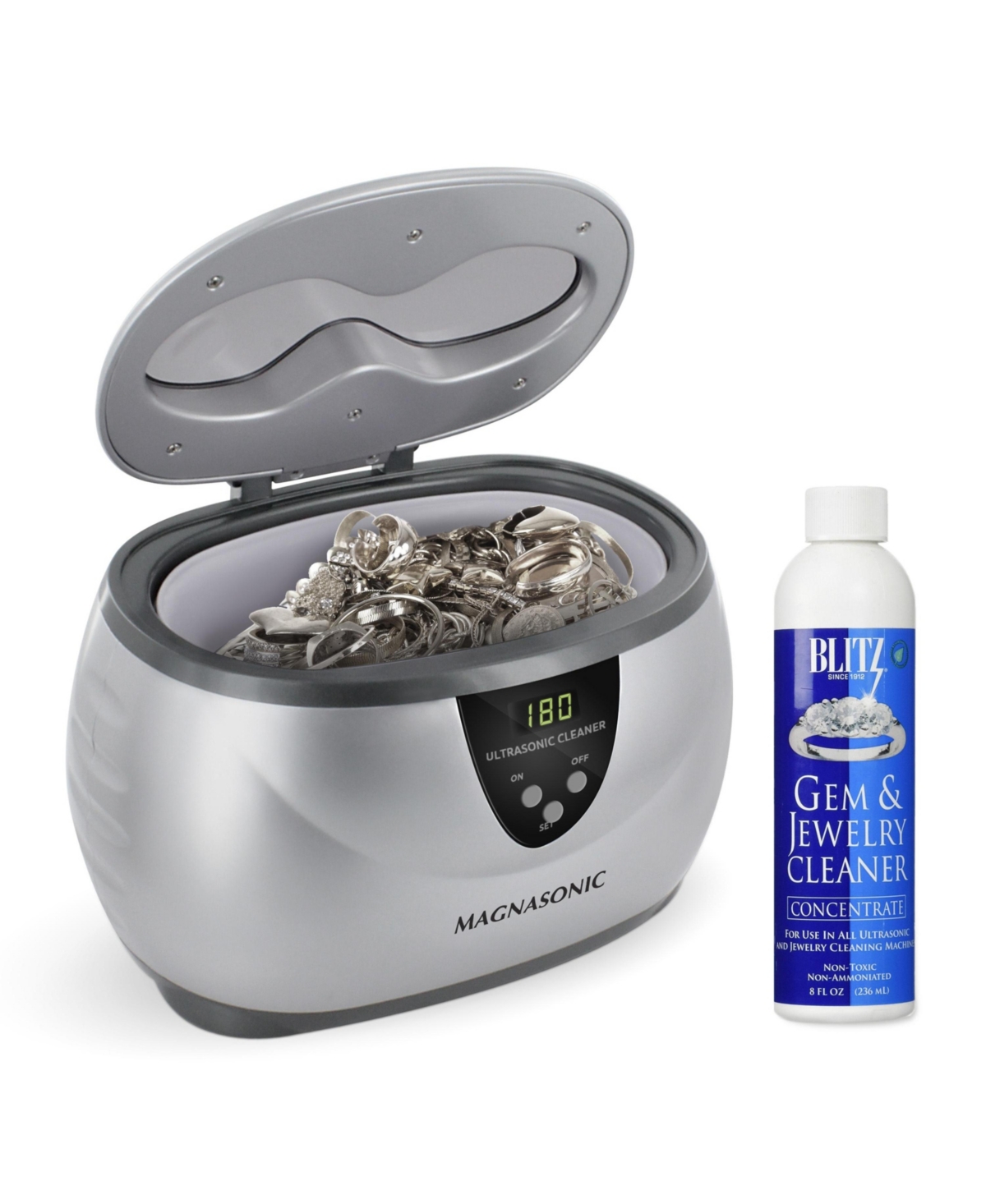 Ultrasonic Cleaner, 20oz Stainless Steel Tank, Digital Timer, 5 Cleaning Modes, w/ 8oz Gem & Jewelry Cleaner Concentrate Solution for All J