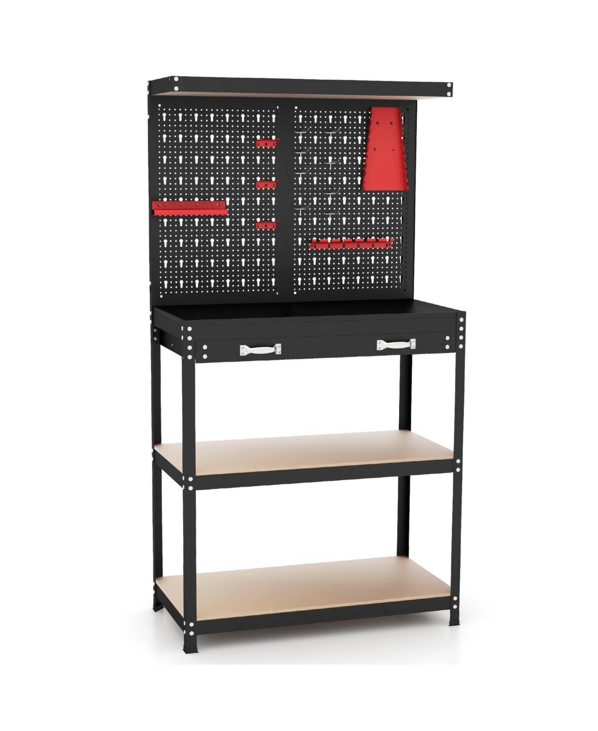 Tool Storage Workbench with Pegboard with 14 Hanging Accessories for Garage - Red