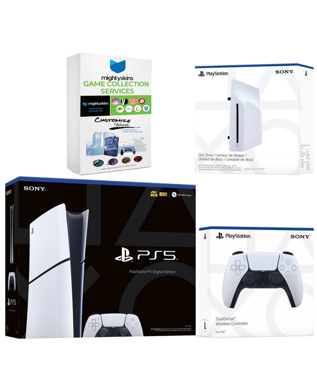 Sony PlayStation 5 Slim Digital Bundle with Disc Drive, Extra Controller and MightySkins Game Collection - Glacier white