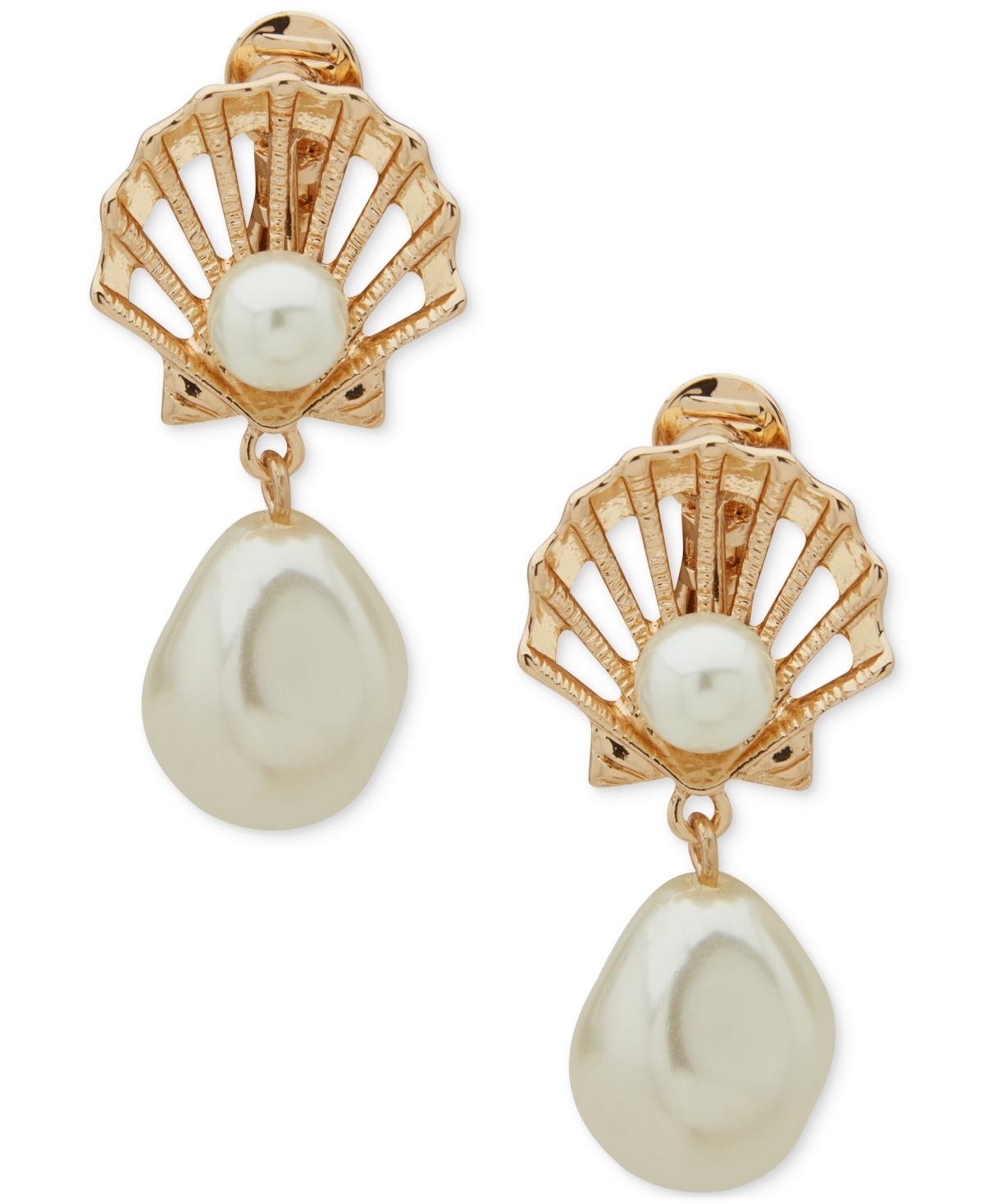 Gold-Tone Imitation Pearl Shell-Motif Clip-On Drop Earrings - Pearl