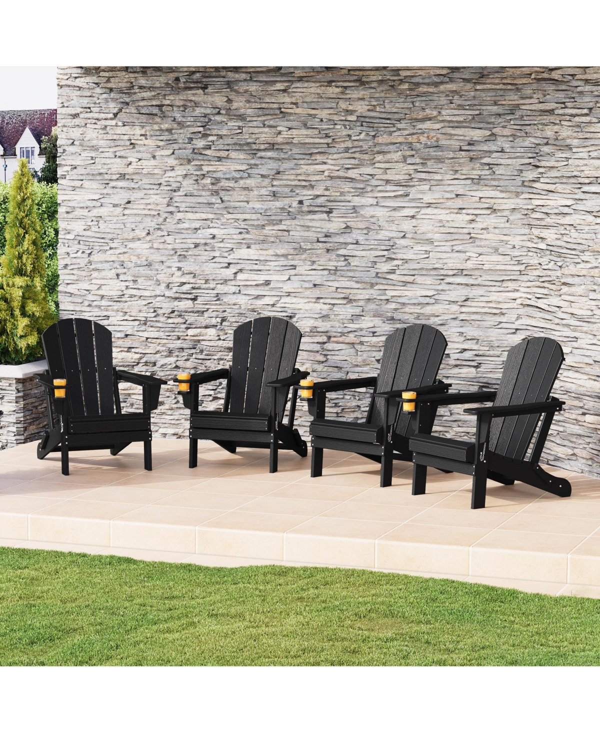 Outdoor Patio Hdpe Resin Folding Adirondack Chairs With Cup Holder and Phone (Set of Four