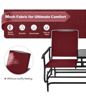 2-Person Double Rocking Loveseat with Mesh Fabric and Center Tempered Glass Table