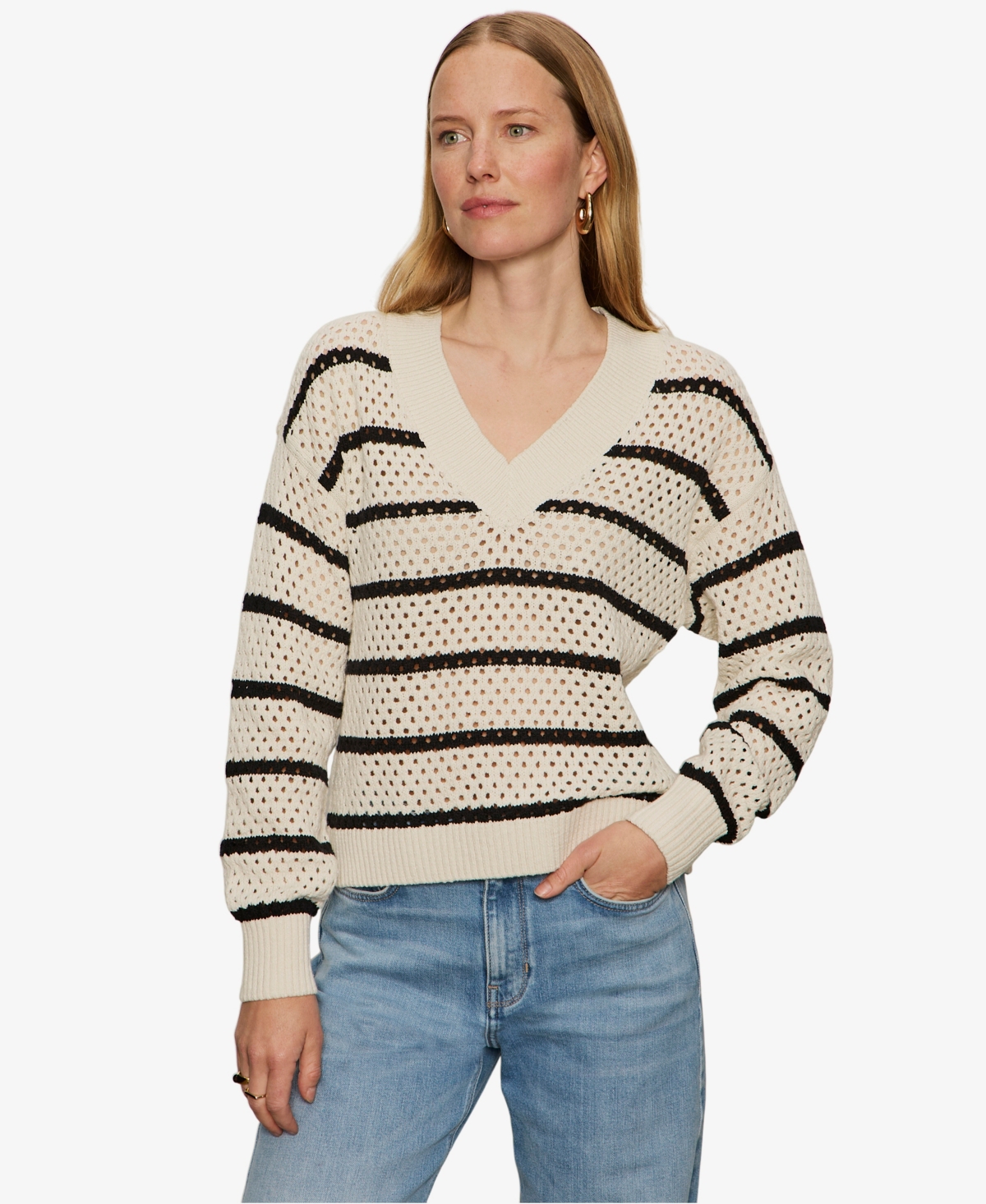 Women's Airy Openwork V-Neck Sweater - Chalk/ Black Stripe
