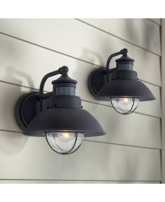 Rustic Industrial Farmhouse Outdoor Barn Light Fixtures Set of 2 Black Dusk to Dawn Motion Sensor 9" Clear Seedy Glass for Exterior
