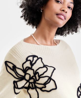 Petite Bold Floral Embroidery Cashmere Sweater, Exclusively at Macy's 