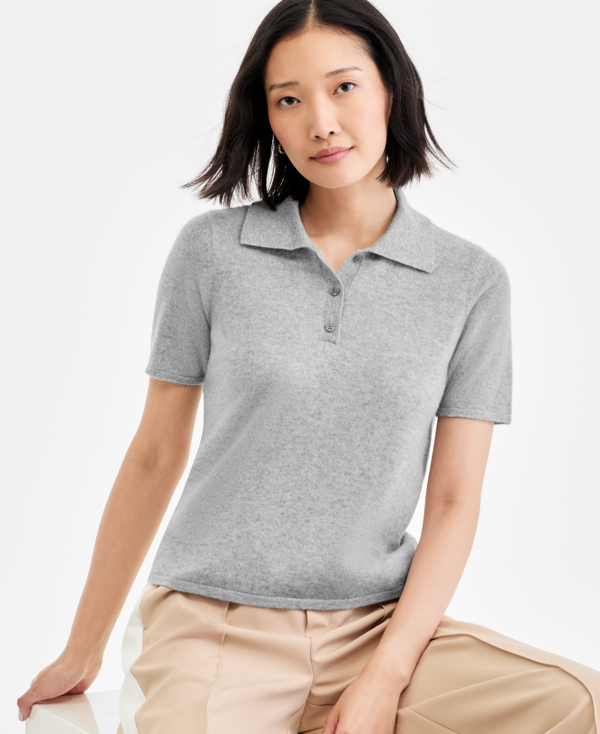 Charter Club Women's 100% Cashmere Short-sleeve Polo Sweater, Macy's Exclusive In Gray