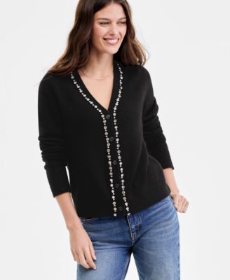 Women's 100% Cashmere V-Neck Rhinestone Cardigan, Macy's Exclusive