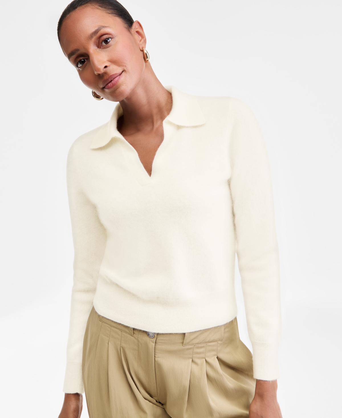 Charter Club Women's Brushed 100% Cashmere Collared Sweater, Macy's Exclusive In White